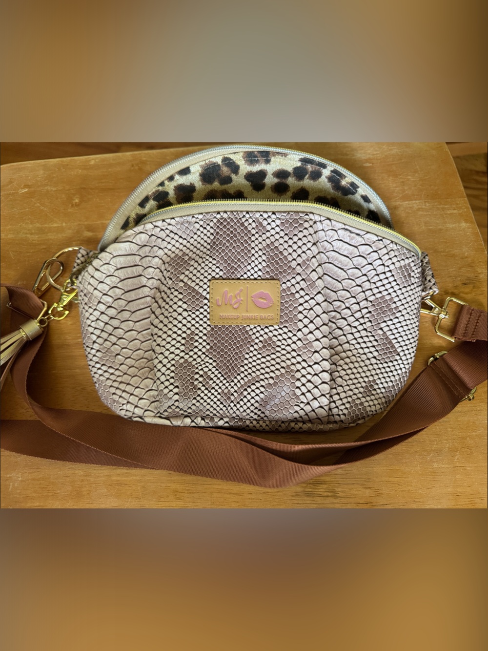Makeup Junkie Sidekick Pink Taupe Snake-Print Crossbody Bag with Tassel - Picture 5 of 6